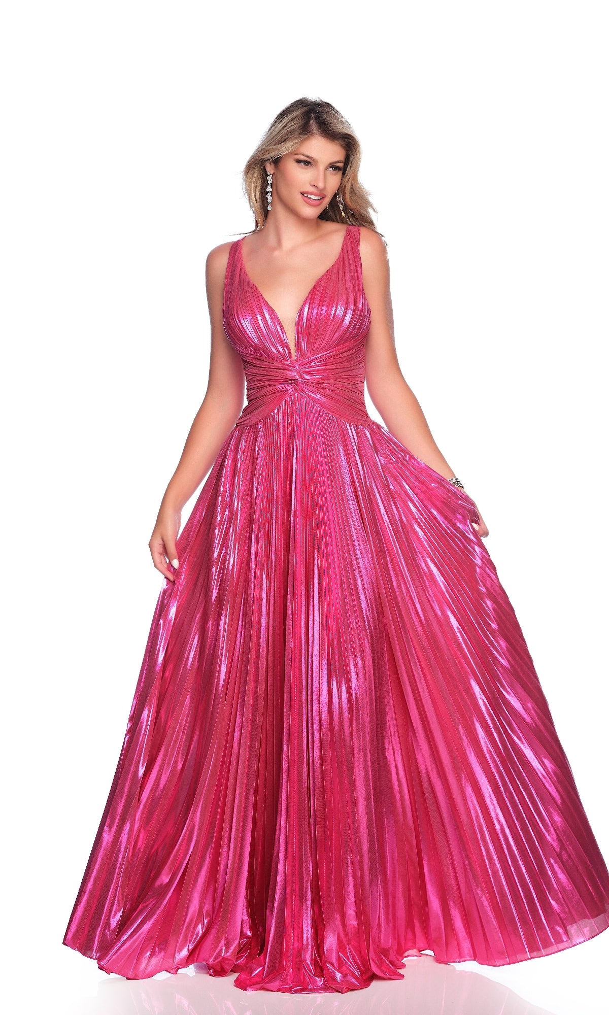 A woman poses against a white background wearing the Dave and Johnny 12078 Fuchsia Pink Prom Dress, featuring a shiny, floor-length, sleeveless design with a deep V-neckline.